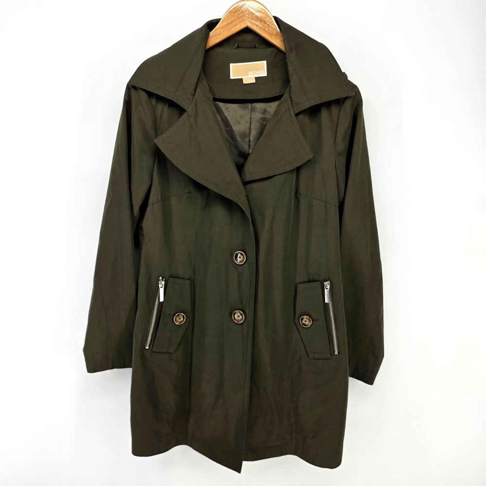 Michael Kors Hooded Trench Coat Womens PM Olive Green Utility Rain Jacket Parka